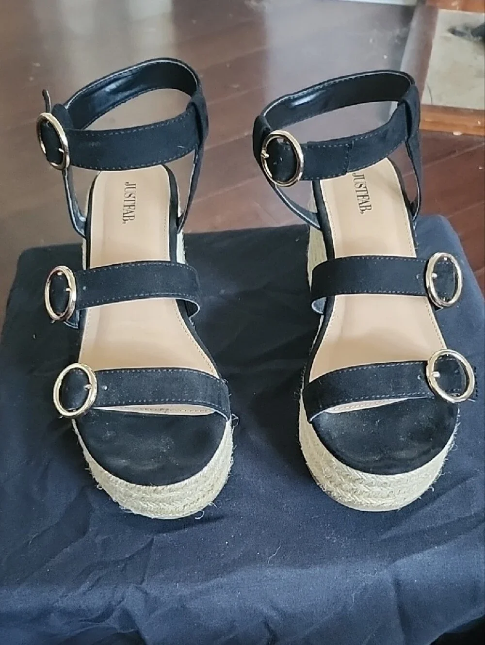 JustFab Black Wedge Sandals with Gold Buckles and Strappy Design